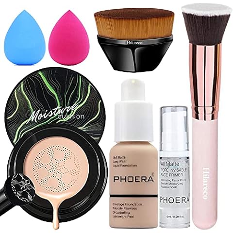 PHOERA Foundation,Air Cushion CC Cream Natural Foundation,Phoera Foundation Full Coverage,Phoera Face Primer, Kabuki Brush Foundation Brush Makeup,Makeup Sponge (Nude #102) Cover