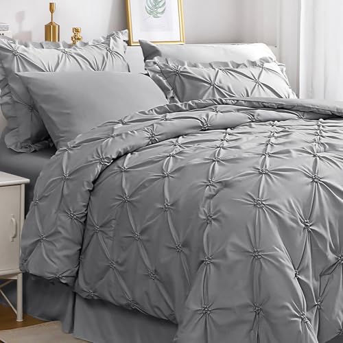 JOLLYVOGUE Grey Queen Comforter Set, 7 Pieces Pintuck Comforters Queen Size, Bed in a Bag Queen Comforter for Bedroom, Bedding Comforter Sets with Comforter, Sheets, Ruffled Shams & Pillowcases