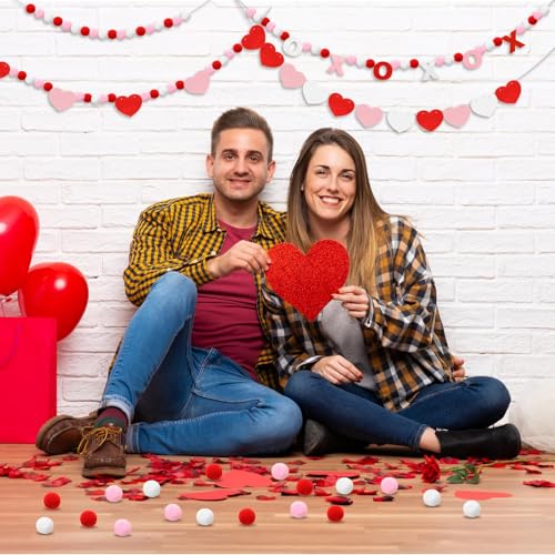 Image of 4 Pcs Valentine's Day Heart Felt Banner Pink XOXO Felt Banner Valentines White Pom Pom Ball Garland Valentine's Day Heart Pompom Hanging Banner Hanging Garland for Home Party Favors
