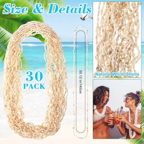 Misdary 30 Pcs Hawaiian Shell Leis Bulk Sea Shell Leis Luau Tahitian Shell Necklace Natural Long Cowrie Shell Necklace Summer Beach Party Apparel Jewelry Accessories(51.18 Inch,Elegant Style)