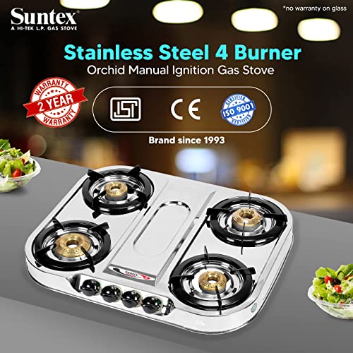 Image of Suntex 4 Burner Stainless Steel Gas Stove for LPG | 4 Premium Orchid Brass Burners with Heavy Duty Pan Supports | Manual Ignition Cooktop | ISI Certified | 24 Months Warranty | Large Size