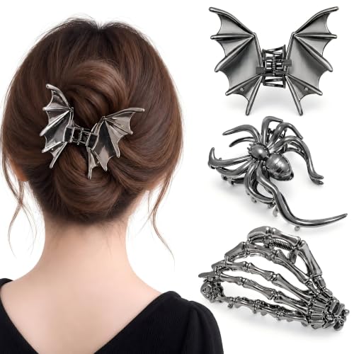 Parcce 3 PCS Halloween Hair Clips for Women, Gothic Bat Wing, Spider and Skeleton Hand Claw Clips, Gunmetal Goth Accessories, Strong Hold Halloween Hair Accessories, Spooky Skull Costume Party Gifts - image 1