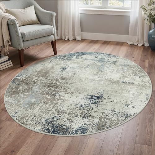 BEIMO Alfombra de Salón de Pelo Corto, Tapetes Abstractos Modernos Antideslizantes y Lavables, Alfombra Redondas para Sala, Habitación, Dormitorio, Comedor, Bruma Marina, Round 135CM