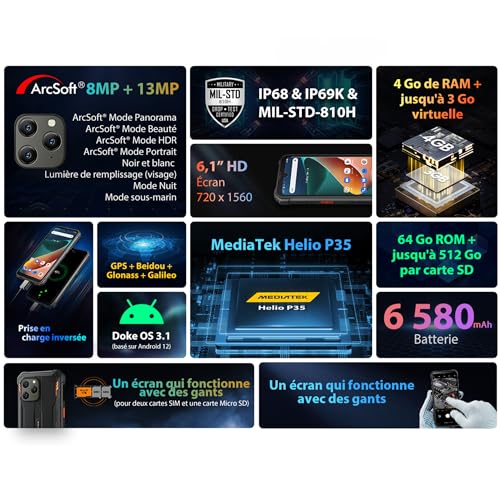 Blackview - BV5300 Pro - Téléphone Portable - Smartphone étanche - Android 12, Photo 13 Mpx, Mémoire de 4Go, 64Go de RAM, NFC, Charge inversée, 6 580 mAh - Vesion Orange