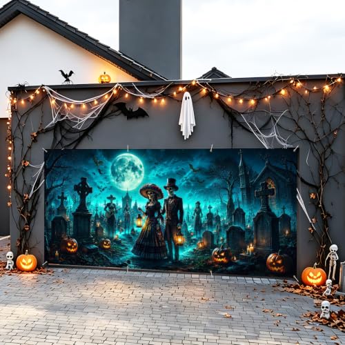 Image of Halloween Garage Door Decorations 6 x 13 ft, Skeleton Grave Cover
