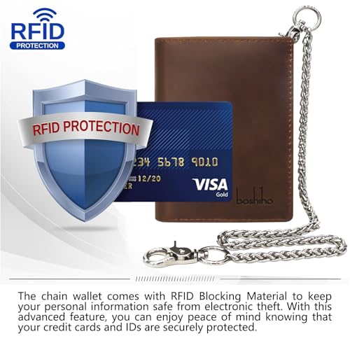 boshiho Mens Wallet with Chain, Crazy Horse Leather Trifold Wallet, RFID Blocking, Anti-Theft Chain for Men, Biker, Motorcycle2