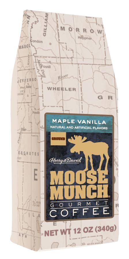 Moose Munch Maple Vanilla Ground Coffee – 2 Pack, 12 oz Bags – Smooth Maple Sweetness with Vanilla Flavored Medium Roast Coffee