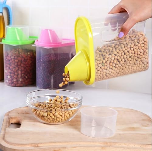 Image of Basicwise Set of 3 Large 2.5-Liter and 3 Small 1.9-Liter Airtight Food Storage Containers Easy-Pour Spouts & Measuring Cup Lids for Flour Sugar Cereal Snacks & Pantry Staples in Green Pink & Yellow