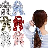 Jaciya 6 Pieces Satin Hair Scrunchies for Hair Bowknot Silk Satin Scarf Hair Ties Pattern Leopard Animal Print Hair Scrunchy Hair Bow Accessories for Women