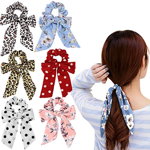 Jaciya 6 Pieces Satin Hair Scrunchies for Hair Bowknot Silk Satin Scarf Hair Ties Pattern Leopard Animal Print Hair Scrunchy Hair Bow Accessories for Women