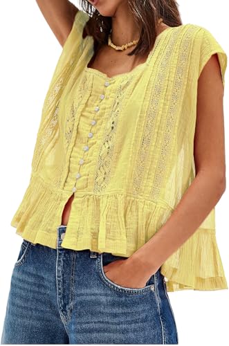 Womens Tie Front Ruffle Boho Top Flowy Sheer Short Sleeve Lace Blouses Y2k Embroidered Babydoll Button Down Eyelet Shirts Beach Fashion Going Out Tops