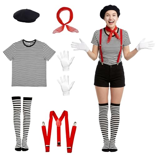 Pantomime Zirkus Kostüm Damen Herren 6 Stück Clown Kostüm Damen mit Baskenmütze Schal Handschuhe Strümpfe Hosenträger Schwarz-Weiß Gestreiftes Oberteil für Faschingskostüme Karneval Cosplay Party