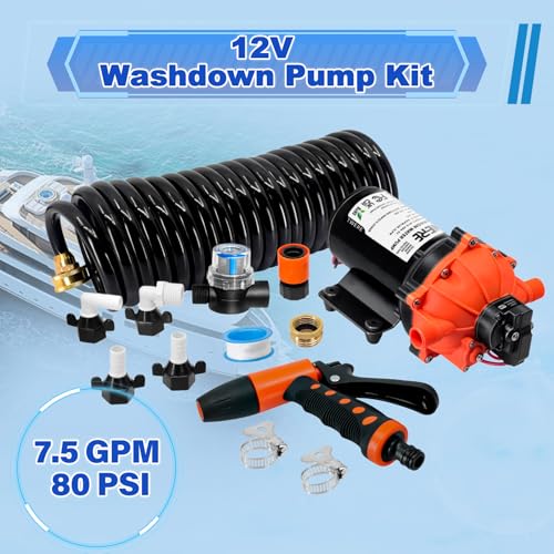 Image of 7.5 GPM 80 PSI Washdown Deck Wash Pump Kit, 12V Washdown Pump Kit with Strainer and Pressure Switch for RV,Boat,Sprayer,Travel Trailers,and Yacht -Freshwater Saltwater