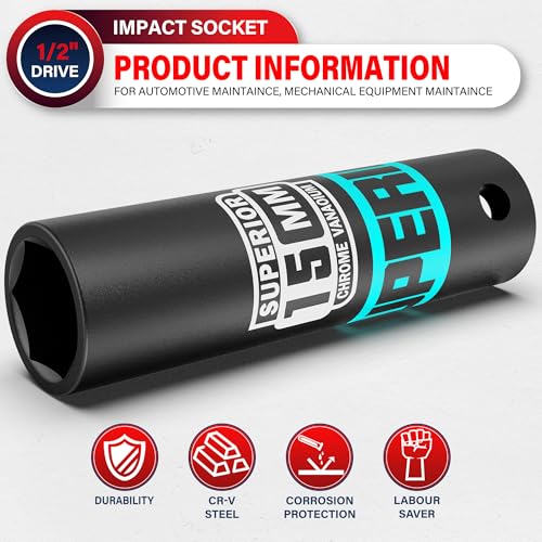 Image of 1 /2 inch Drive Impact Socket, 15 mm Deep Socket, Metric, 6 Point, CR-V, for Automotive Maintaince, Mechanical Equipment Maintaince