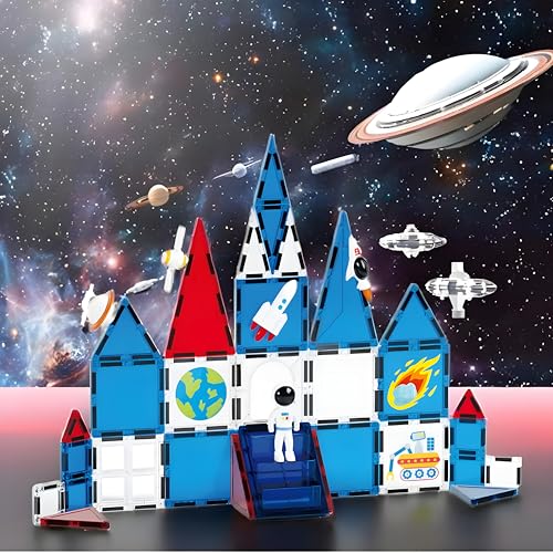 Image of Cable World Magnetic Tiles Building Blocks for Kids, Space Theme Magnetic Set with Rocket, Astronaut & Planet Theme, STEM Learning Educational Toy for Boys & Girls Age 3+ Years - 39 Pcs