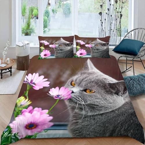 Housse de Couette 140x200 Chat British Shorthair Bleu Parure de Lit 3D Imprimée Douce Microfibre Duvet Cover 1 Personne Fleurs avec Fermeture éclair et 2...