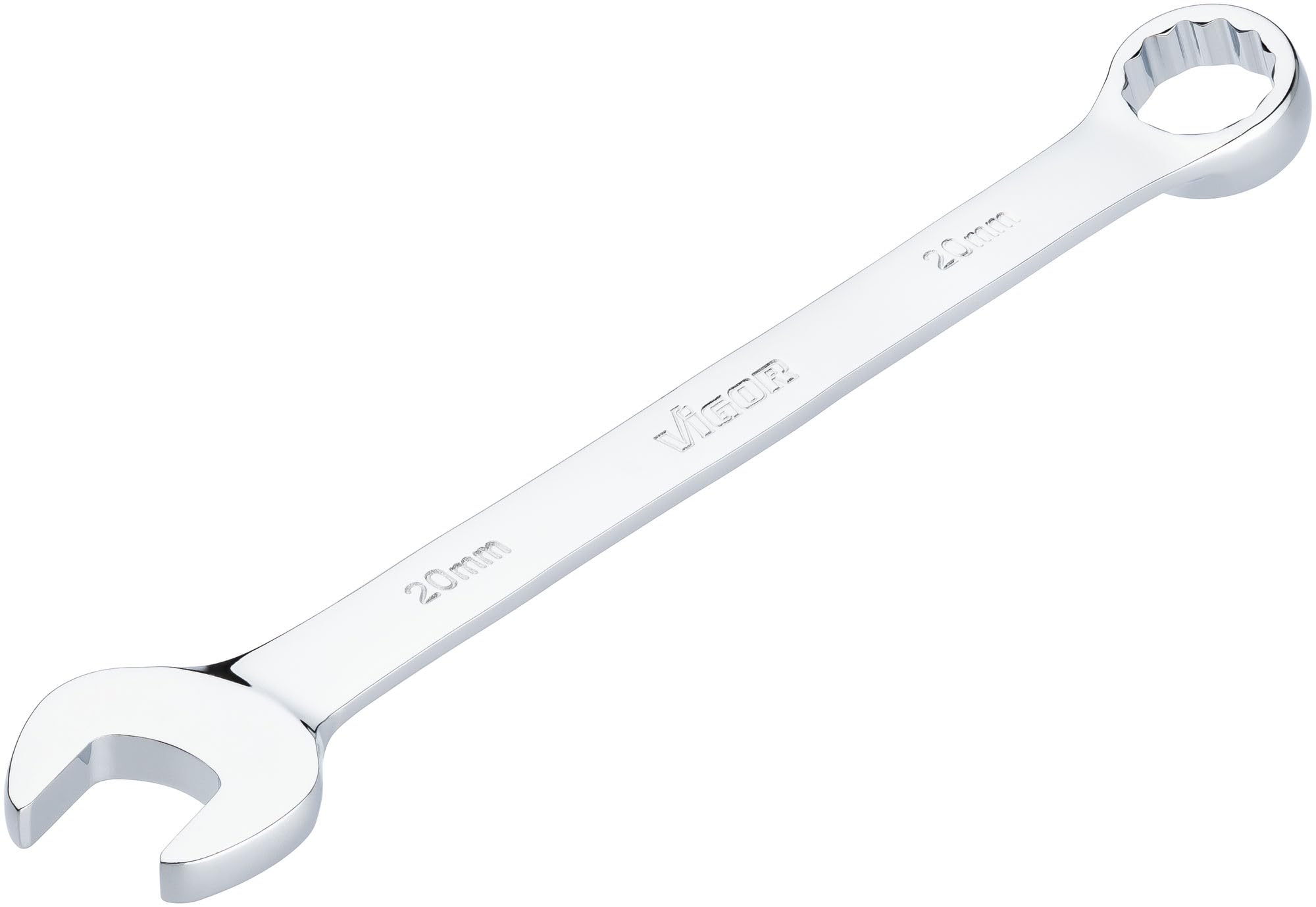 Vigor Combination Spanner V7740-20 SW 20 mm Long Version 15 Degree Offset External Hexagonal and Double Hexagonal Profile Chrome-Plated and Polished