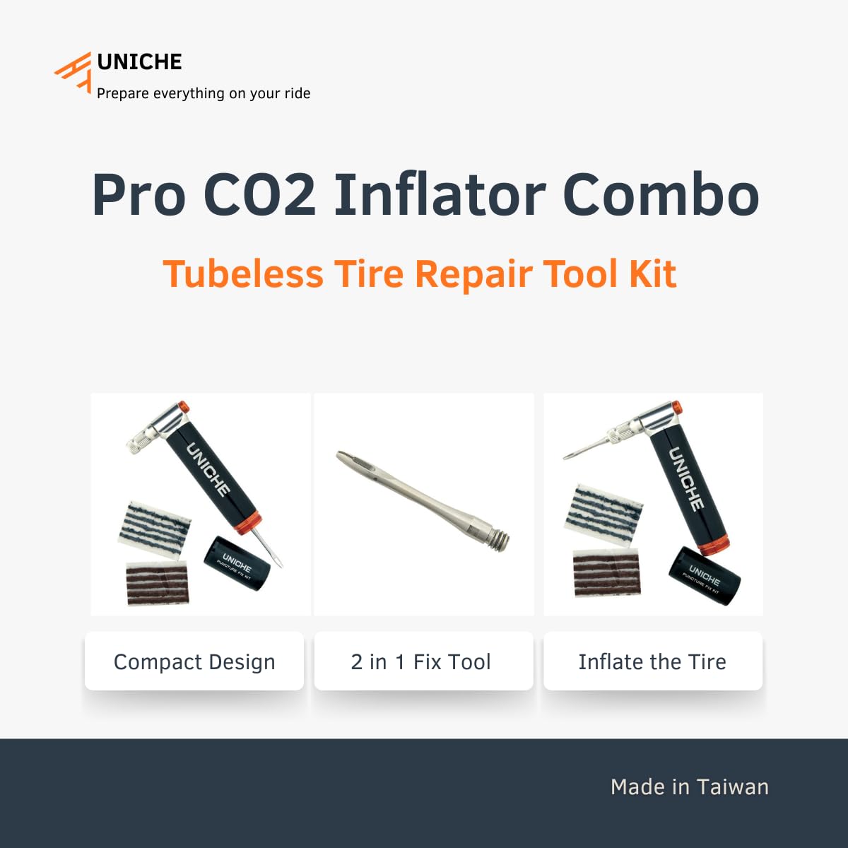 2 in 1 Pro Tubeless Bike Tire Repair & CO2 Inflation Kit, Tire Repair Kit for Road Bike, MTB - Includes Canister, Plugger Tool and Bacon Strips (CO2 Cartridges Not Included)