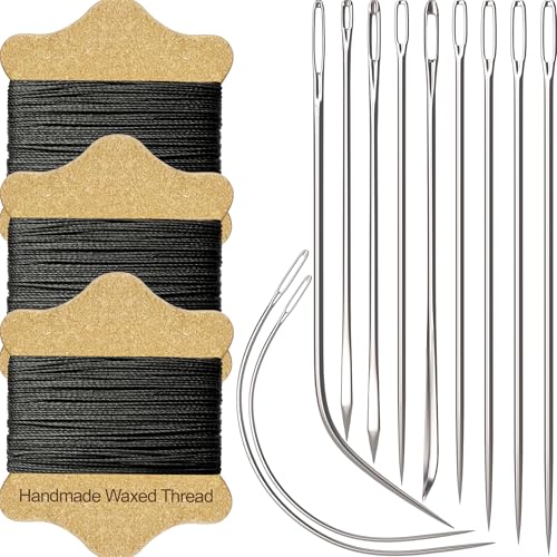 VONEEDL Upholstery Repair Kit: Waxed Sewing Thread (3 Rolls - Black Color) & Heavy Duty Needles (11 PCS) for Leather, Canvas & Quilting Thread