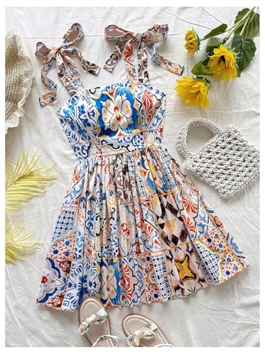 Image of Floerns Women's Summer Floral Print Tie Shoulder Cami Dress Flare Hem Boho Mini Dress