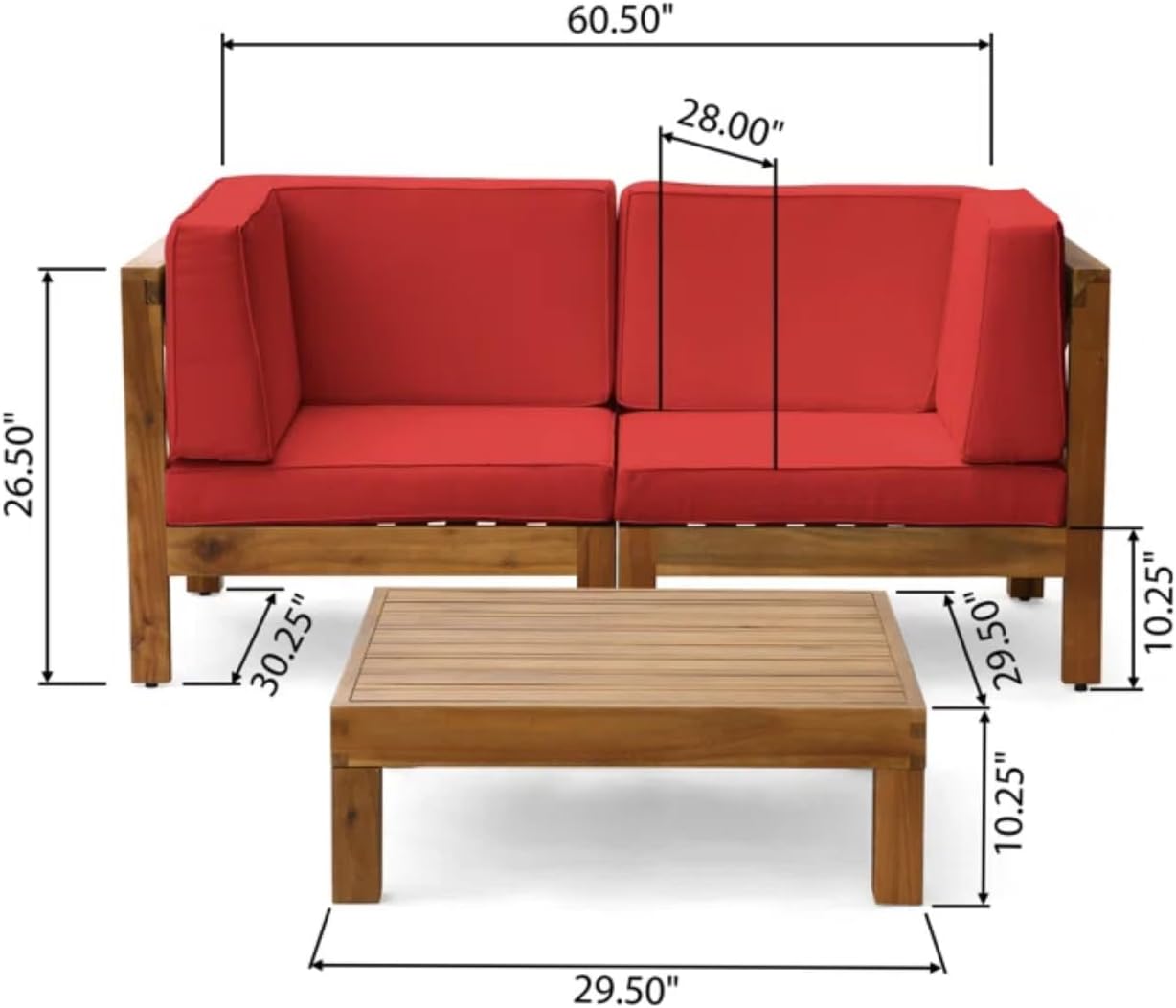 3-Piece Love Seat Set with Coffee Table Acacia Wood Red Elegant Slat Design Porch Patio Deck Cozy Outdoor Living