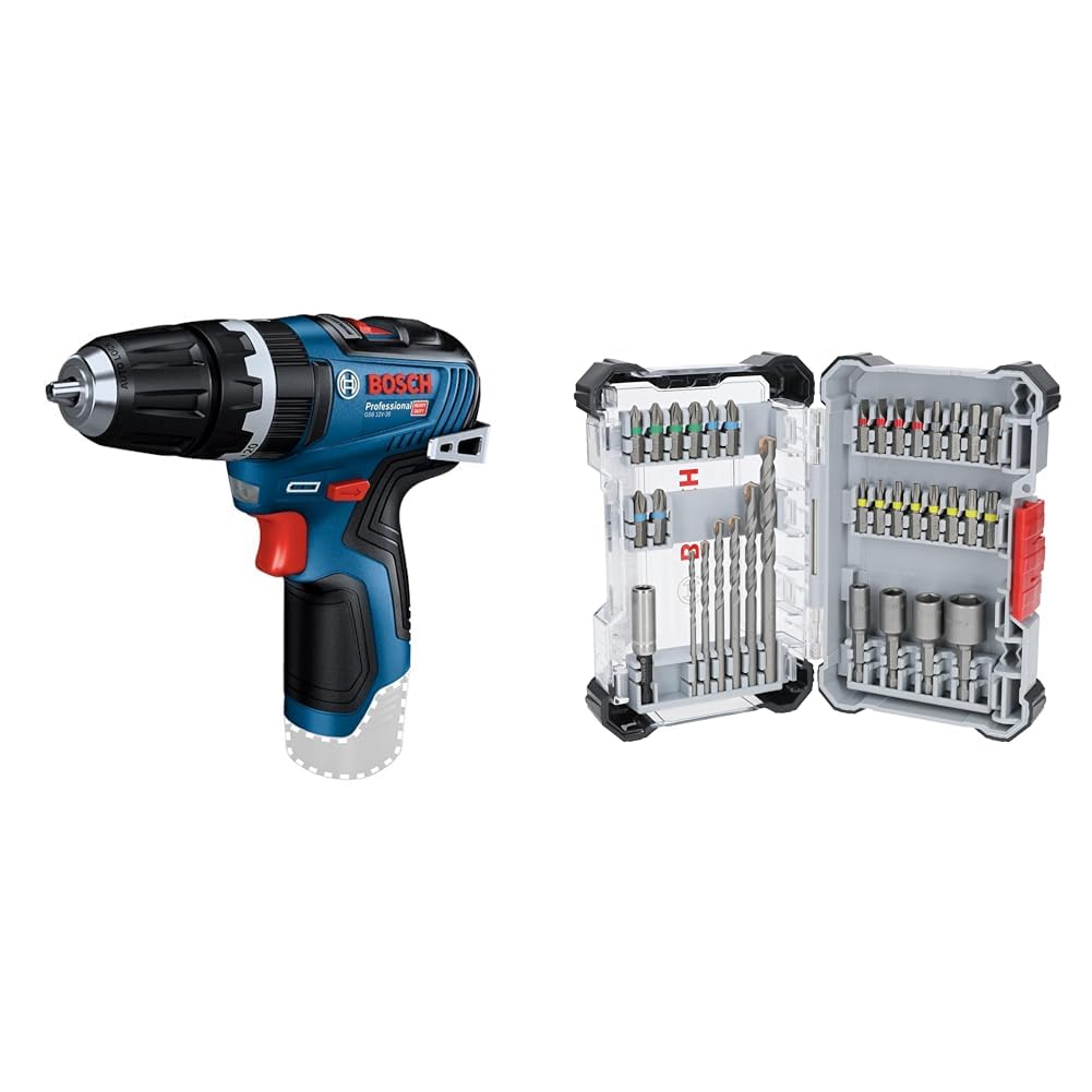 Bosch Professional 12V System Akku Schlagbohrschrauber GSB 12V-35 (Drehmoment hart/weich 20/35 Nm, ohne Akku/Ladegerät) + 35x Extra Hard Schrauberbit‑ und CYL-3 Bohrer-Set, 35‑tlg. (197 x 110,5 mm)