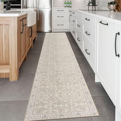 2.6x14 Cream Beige White Grey Washable Runner Rug for Kitchen, Soft Classic Runners with Non-Slip, Non-Shedding Distressed Floral Rug for Hallways Entryway Bedroom Laundry Indoor
