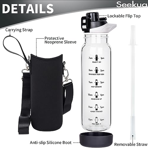 Seekua 800ml Glass Water Bottle with Straw & Time Markings BPA free Motivational Glass Drinking Bottle Leakproof - Image 3
