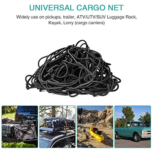 4x6ft Bungee Cargo Net for Pickup Trucks, 5mm 4”X4” Mesh Super Duty Stretches to 8x12ft Elasticated Mesh Net with 14Pcs D Clip Carabiners for Pickup Trucks SUV Beds Trailers