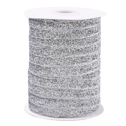 CABODYALS Cinta de Terciopelo con Purpurina Metálica Plateada de 45.72 m Y 9.5mm, con Lentejuelas Brillantes, de Un Solosss Lado, con Carrete, para Coser, Hacer Moños, Gargantillas, Decoración, Envol