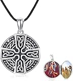 OHAYOO 925 Sterling Silver Cross Celtic Locket Necklace Holds Pictures Customed Cross Oxidized Round Pendant Necklace for Men Women (A-Locket)