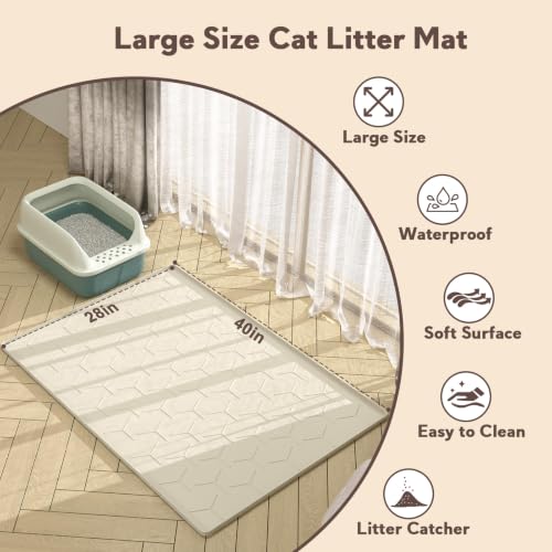 Image of Garoopion Silicone Cat Litter Mat Large 40 inch X 28 inch, Easy to Clean, Beige | Large Size Waterproof Silicone Mat with Raised Edges, Catch Litter, Protect Floor from Urine, Multi-Use for Dog /Sink /Kitchen