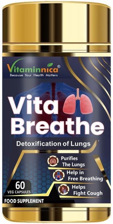 Vitaminnica Vita Breathe- Lungs Support | Cleanse and Detoxify Lungs | Reduces Damage from Smoking, Pollution, Improves Lung Health | 60 Veg Capsules | Better Respiratory Health