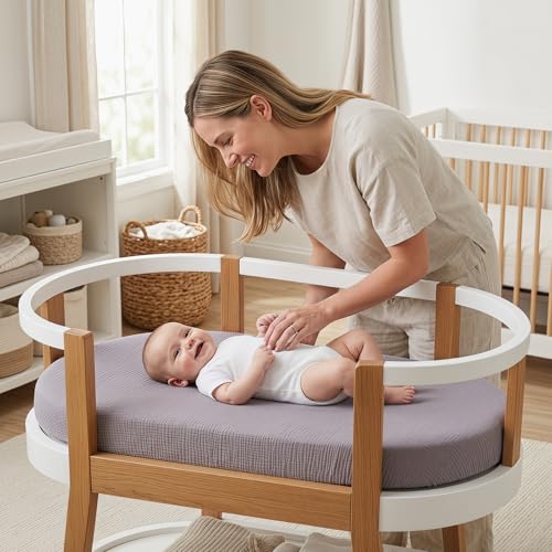 Image of 100% Muslin Baby Bassinet Sheets for Baby Boy Girls,4-Pack Fitted Bassinet Sheets Set Compatible with Halo Bassinest Swivel Sleeper,Baby Delight,Angelbliss,32 inchX16 inch (Beige Solid Color Series)