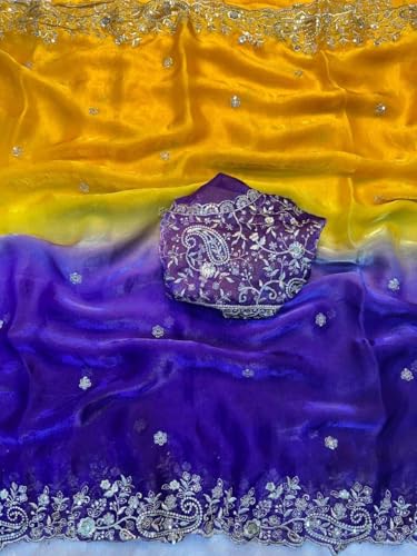 Image of Amazon Brand - Tavasya Fancy Fendy Satin Silk Saree with Multi Sequence Embroidery Work | Heavy Embroidered Wedding Party look Saree with Running Blouse Piece