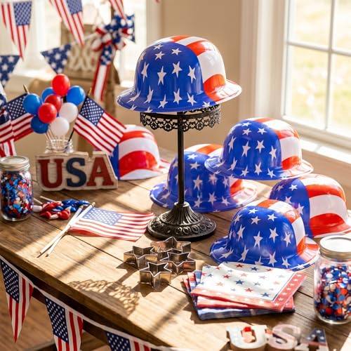 Image of Shyyween American Flag Plastic Hats Patriotic 4th of July USA Party Accessories Red White and Blue Hats for Independence Day