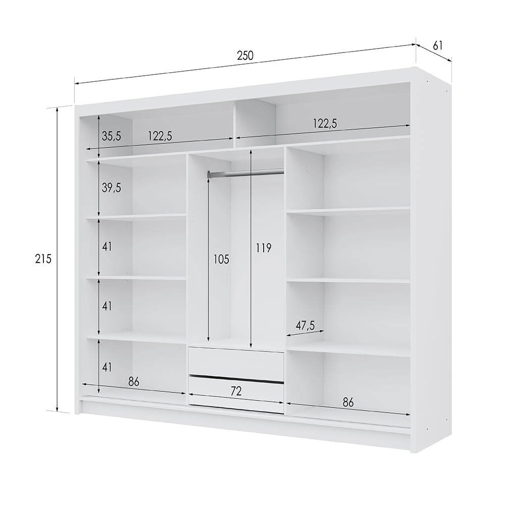 PRVTA 250 cm Weiß Schwebetürenschrank Mit Spiegel Breiten 150/180/200/250 cm Kleiderschrank Für Wohnzimmer Mit Kleiderstange Farben Weiß/Schwarz/Sonoma