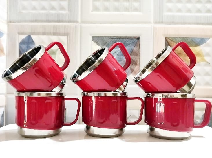 Anixa Creation Pack of 6 Stainless Steel Tea Cup Set | Steel Cups | Coffee Cups | Payali Set, Mini Cups Set of 6 | Chai ka Cup -Inner Steel Outer Plastic (Maroon) 2