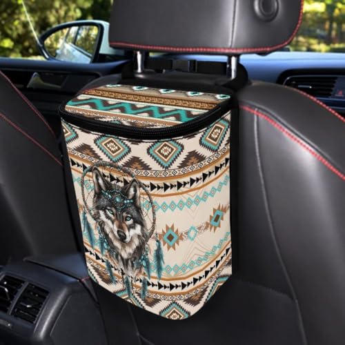 Image of Talayituse Aztec Tribe Wolf Pattern Car Trash Can with Lid, Leak Proof Auto Trash Bag Hanging Vehicle Garbage Can Multipurpose Storage Container for Back Seat Road Trip