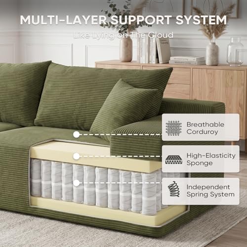 Image of Boneless Couch, 102.4 inch Sectional Couches for Living Room with L Shape Sofa | Cloud Couch Sectional with Chaise, Modular Cloud Sofa with Deep Seat, No Assembly, Green, Corduroy, Left Chaise