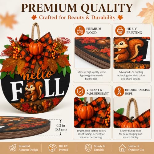 Image of Fall Wreaths for Front Door Hello Fall Squirrel Door Hanger Thanksgiving Decor (Cute Hello Fall)