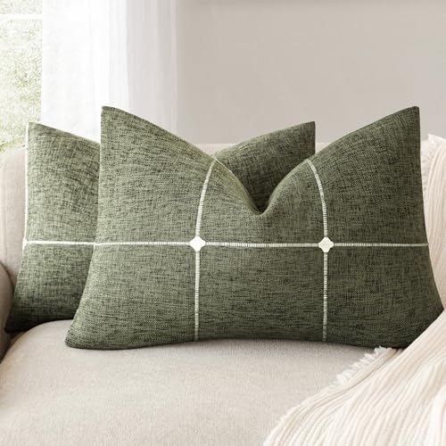 Image of Foindtower Pack of 2 Decorative Faux Linen Jacquard Check Throw Pillow Covers Farmhouse Lumbar Cushion Cover with Grid Textured Pillowcase for Couch Sofa Living Room Home Decor,12x20 Inch,Olive Green