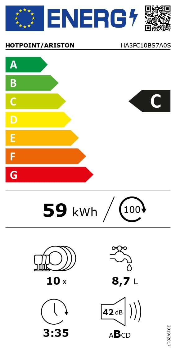 Hotpoint Ariston HA3FC10BS7A0S Lavastoviglie Libera Installazione, Larghezza: 45cm, Profondità 59cm, Altezza 85cm, Lavastoviglie Esterna Con Capacità 10 coperti, Classe Energetica C