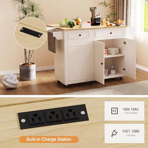 MEETFAV Modern Kitchen Island Cart with Power Outlet & Drop Leaf, Rolling Storage Island Table with Concealed Trash Bin Holder, Mobile Breakfast Bar with Drawer, Adjustable Shelf and Spice Rack - image 4