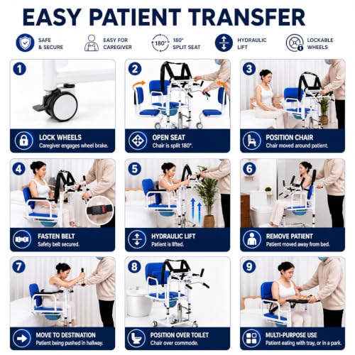 Image of Hydraulic Patient Lift,Transfer wheel chair for Seniors Elders with Height Adjustable 150kg Capacity Portable Shower Chair -Rolling Wheels, Removable Bucket, Fits Indian,Western Toilets