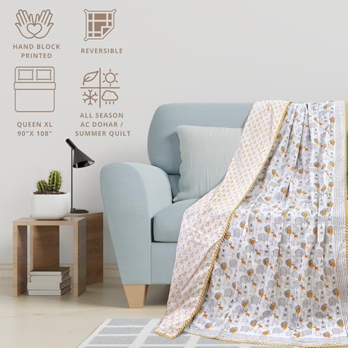 Image of TOAIArt Premium Jaipuri Dohar | AC Blanket Summer Quilt | Hand Block Printed | 3 Layers | Reversible | 150GSM 100% Mulmul Cotton | 100% Cotton Flannel Filling | Queen 90 inch X 108 inch |Grey Yellow Cartoon