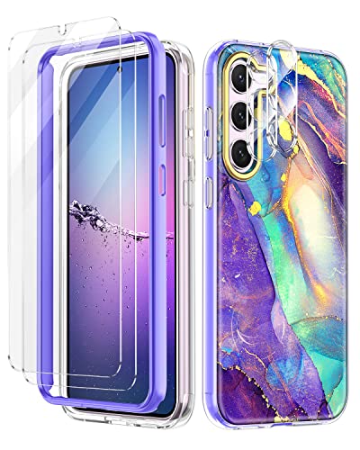 Rancase Compatible with Galaxy S23 Plus 5G Case,[2 Tempered Glass Screen Protector + 2 Camera Lens Protector ] Marble Pattern Slim Shockproof Protective Women Girls Cover for Samsung S23 Plus,Purple