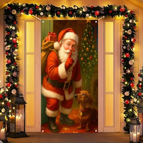 Image of BlissYard Christmas Door Cover Santa Dachshund 35x71 Inch Polyester
