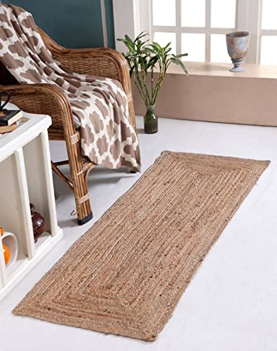 Image of Handmade Natural Jute Cotton Natural Fibers Floor /Door Mat Rugs Furnish Decor Striped Rectangular Design Carpet for Bedroom Living Room (JUTE006, 2x8-Runner)
