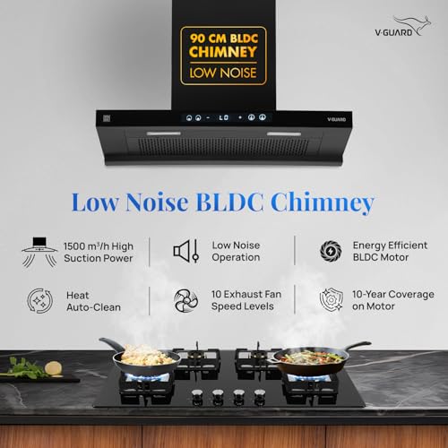 Image of V-Guard BLDC Chimney for Kitchen 90 cm | 1500 m /h Suction | Low Noise Operation | Free Installation Kit | Heat Auto Clean | Gesture Control with Touch Panel | V-Guard BT 90